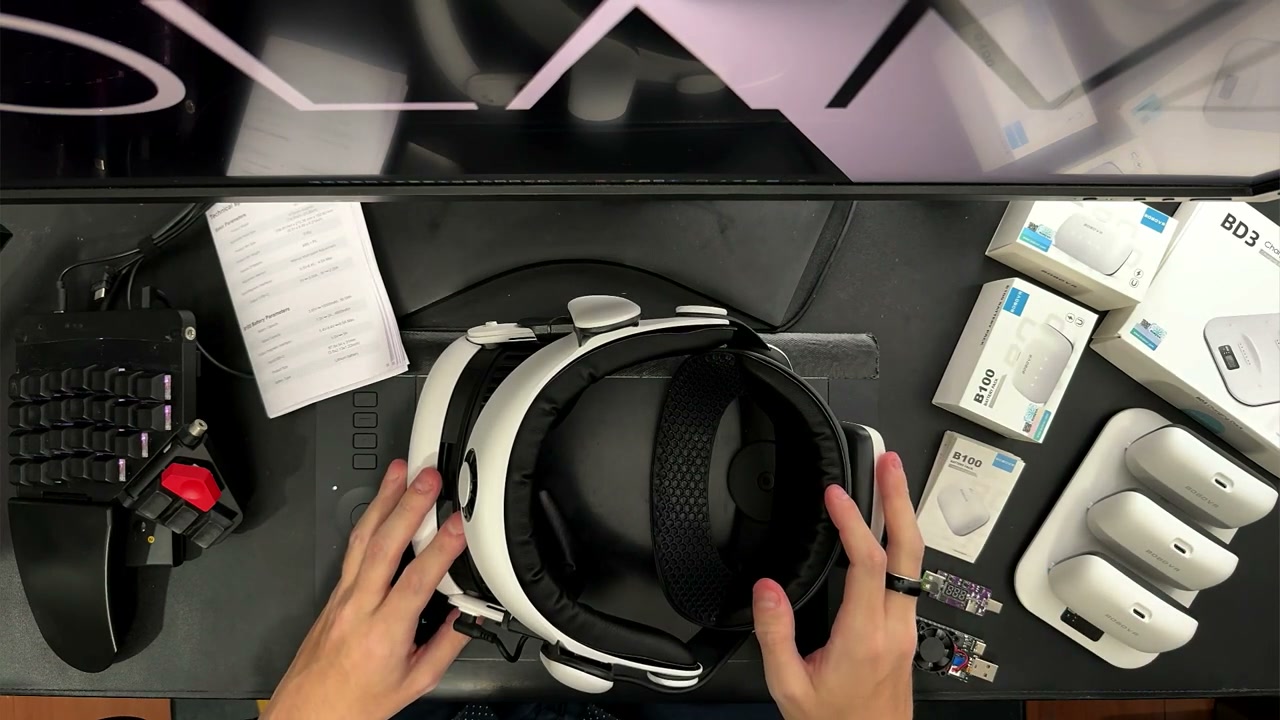 The S3 Pro battery, Quest headset and BOBOVR charging accessories together
