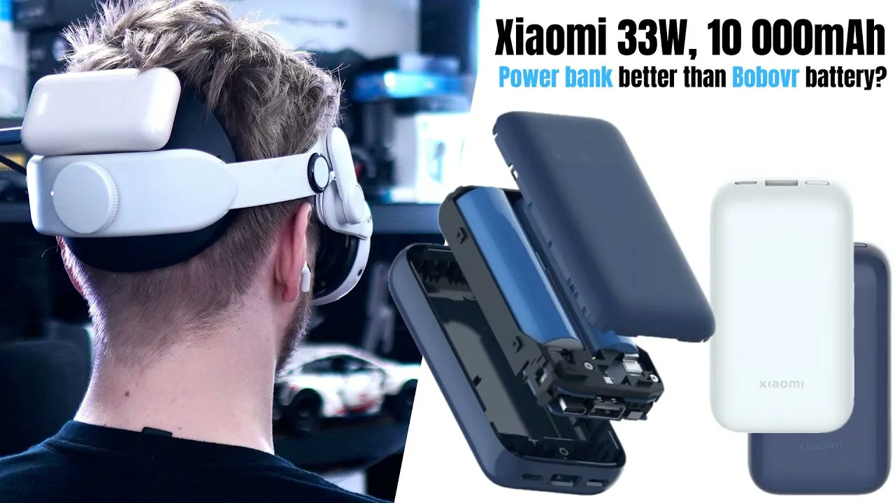Xiaomi 33W 10000mAh power bank mounted with Velcro on the rear of a Quest head strap beside a BOBOVR B100 battery